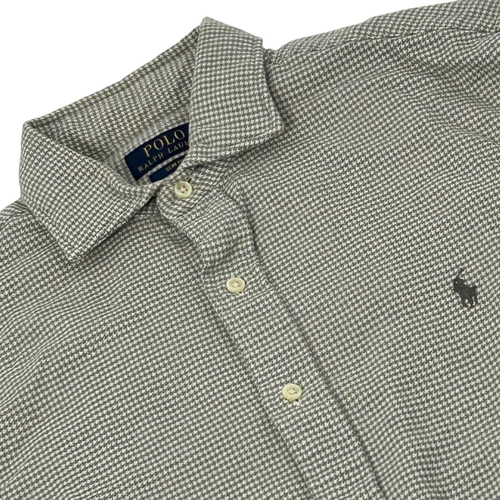 Polo Ralph Lauren Shirt Mens Medium Gray Houndstooth Slim Fit Button Up Preppy